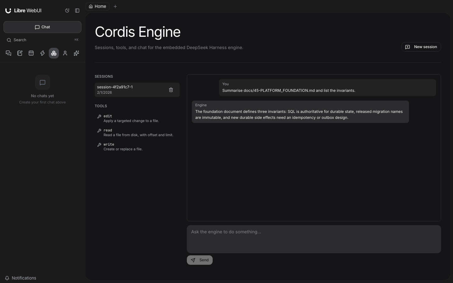 Pagina Motore Cordis di Libre WebUI con elenco sessioni, strumenti registrati e trascrizione in streaming.