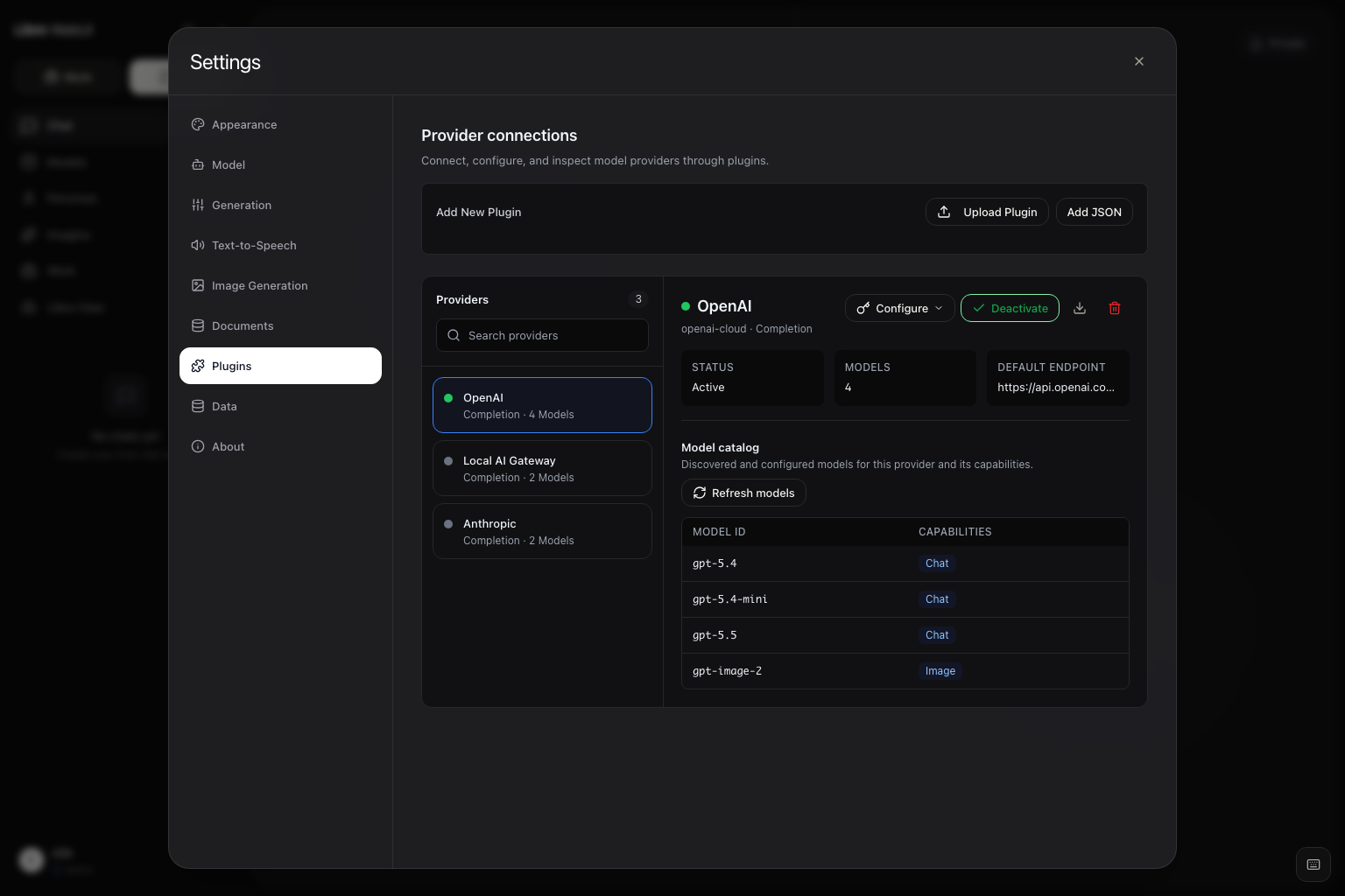 Libre WebUI Provider connections with provider search and selection, connection controls, model refresh, and a provider-qualified capability catalog.